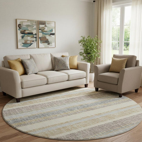 8' Gold And Beige Striped Washable Round Rug With UV Protection
