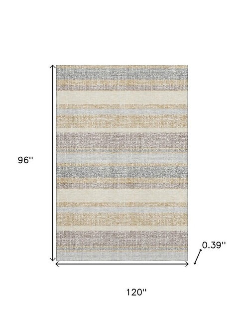 8' X 10' Gold And Beige Striped Washable Area Rug With UV Protection
