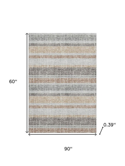 5' X 8' Gray And Beige Striped Washable Area Rug With UV Protection