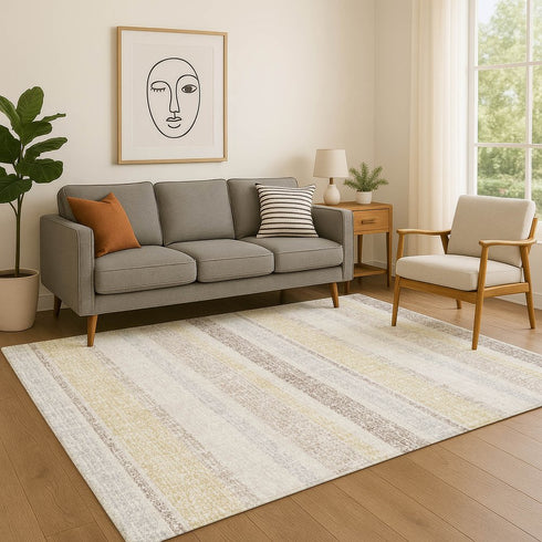 8' X 10' Ivory And Beige Striped Washable Area Rug With UV Protection