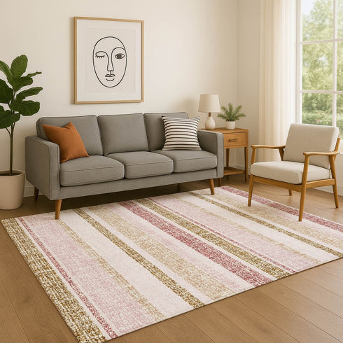 8' X 10' Pink And Beige Striped Washable Area Rug With UV Protection