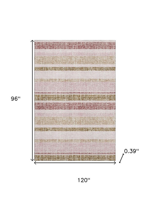 8' X 10' Pink And Beige Striped Washable Area Rug With UV Protection