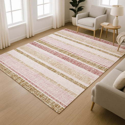 8' X 10' Pink And Beige Striped Washable Area Rug With UV Protection
