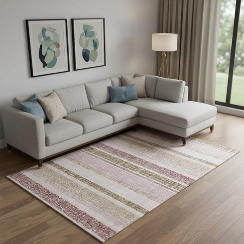 8' X 10' Pink And Beige Striped Washable Area Rug With UV Protection