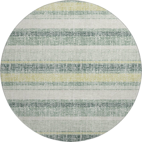 8' Pale Aqua And Beige Striped Washable Round Rug With UV Protection