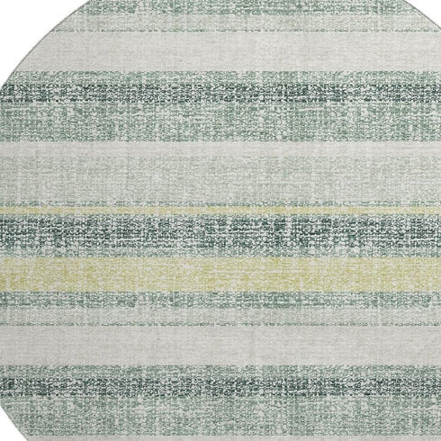 8' Pale Aqua And Beige Striped Washable Round Rug With UV Protection
