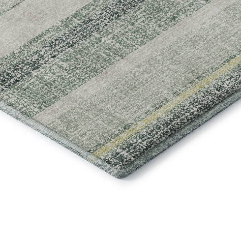 8' Pale Aqua And Beige Striped Washable Round Rug With UV Protection