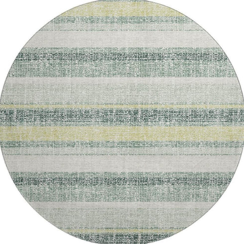 8' Pale Aqua And Beige Striped Washable Round Rug With UV Protection