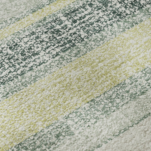 8' Pale Aqua And Beige Striped Washable Round Rug With UV Protection
