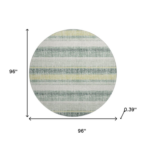 8' Pale Aqua And Beige Striped Washable Round Rug With UV Protection