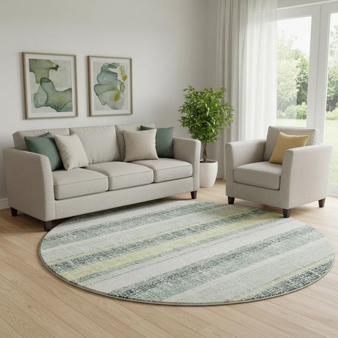 8' Pale Aqua And Beige Striped Washable Round Rug With UV Protection