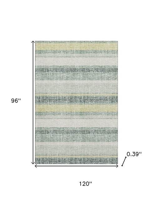 8' X 10' Pale Aqua And Beige Striped Washable Area Rug With UV Protection