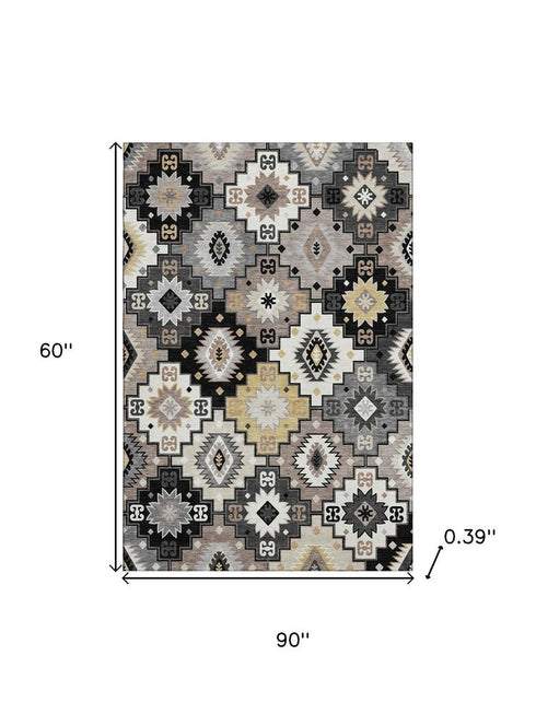 5' X 8' Black And Gray Geometric Washable Area Rug With UV Protection
