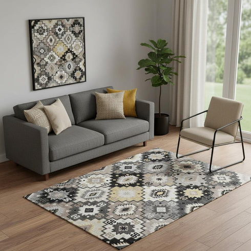 5' X 8' Black And Gray Geometric Washable Area Rug With UV Protection