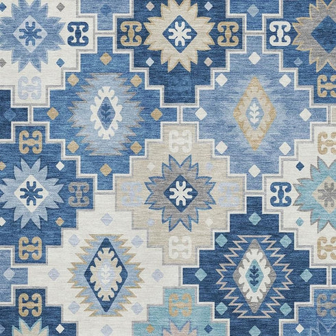5' X 8' Blue And Beige Geometric Washable Area Rug With UV Protection