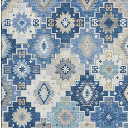 5' X 8' Blue And Beige Geometric Washable Area Rug With UV Protection