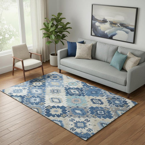5' X 8' Blue And Beige Geometric Washable Area Rug With UV Protection