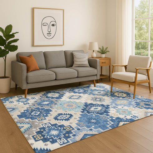 9' X 12' Blue And Beige Geometric Washable Area Rug With UV Protection