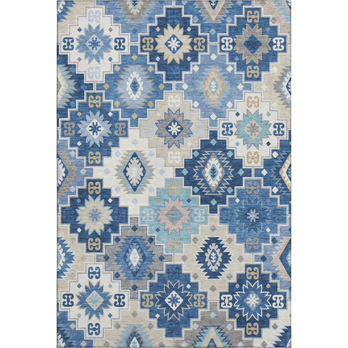 9' X 12' Blue And Beige Geometric Washable Area Rug With UV Protection