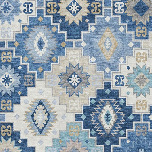 9' X 12' Blue And Beige Geometric Washable Area Rug With UV Protection