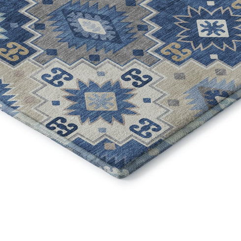 9' X 12' Blue And Beige Geometric Washable Area Rug With UV Protection