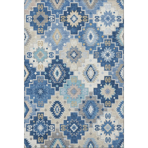 9' X 12' Blue And Beige Geometric Washable Area Rug With UV Protection