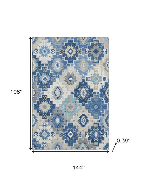 9' X 12' Blue And Beige Geometric Washable Area Rug With UV Protection