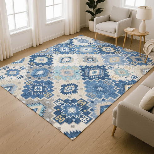 9' X 12' Blue And Beige Geometric Washable Area Rug With UV Protection