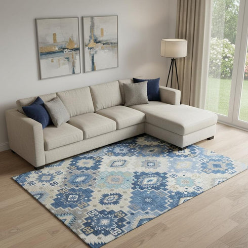 9' X 12' Blue And Beige Geometric Washable Area Rug With UV Protection