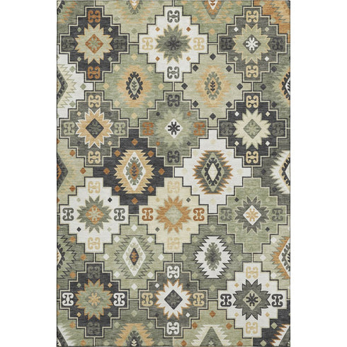 5' X 8' Fern Green And Gold Geometric Washable Area Rug With UV Protection