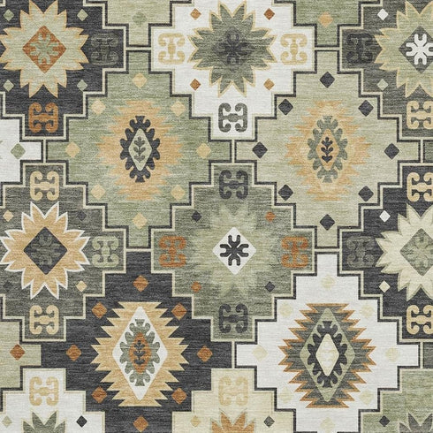 5' X 8' Fern Green And Gold Geometric Washable Area Rug With UV Protection