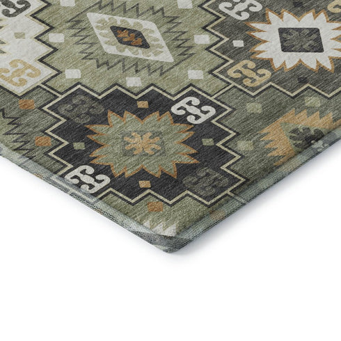 5' X 8' Fern Green And Gold Geometric Washable Area Rug With UV Protection