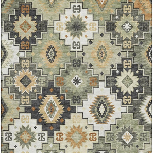 5' X 8' Fern Green And Gold Geometric Washable Area Rug With UV Protection