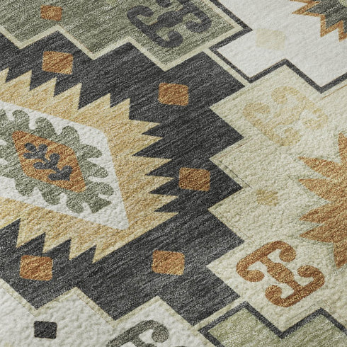 5' X 8' Fern Green And Gold Geometric Washable Area Rug With UV Protection