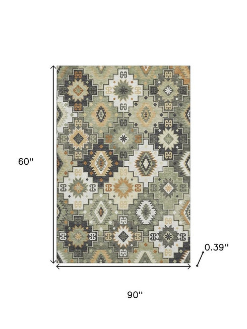 5' X 8' Fern Green And Gold Geometric Washable Area Rug With UV Protection