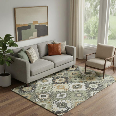 5' X 8' Fern Green And Gold Geometric Washable Area Rug With UV Protection