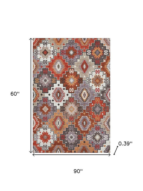 5' X 8' Rust And Lavender Geometric Washable Area Rug With UV Protection