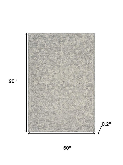 5' X 8' Light Gray And Beige Wool Floral Hand Tufted Area Rug