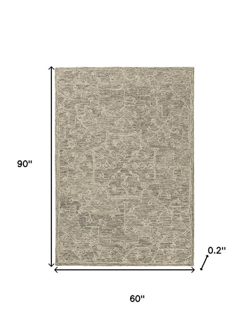 5' X 8' Brown And Tan Wool Floral Hand Tufted Area Rug
