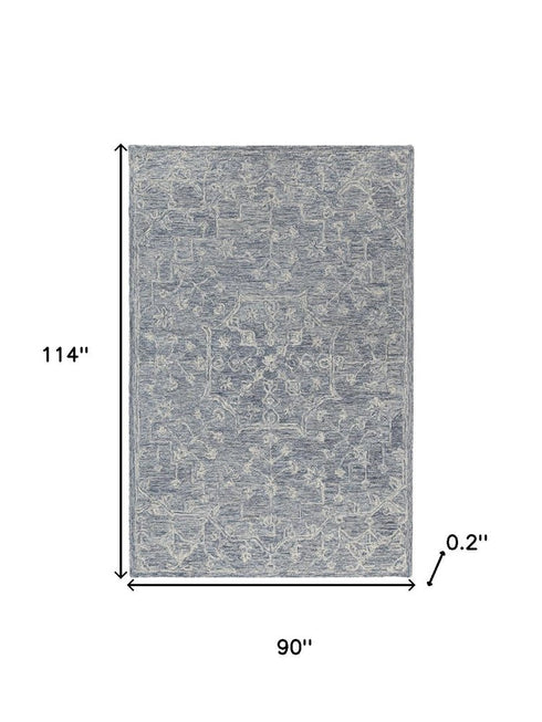 8' X 10' Blue And Ivory Wool Floral Hand Tufted Area Rug