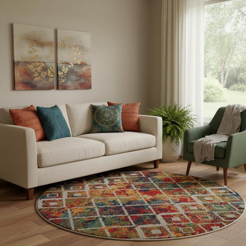 8' Red Blue And Orange Diamond Round Rug