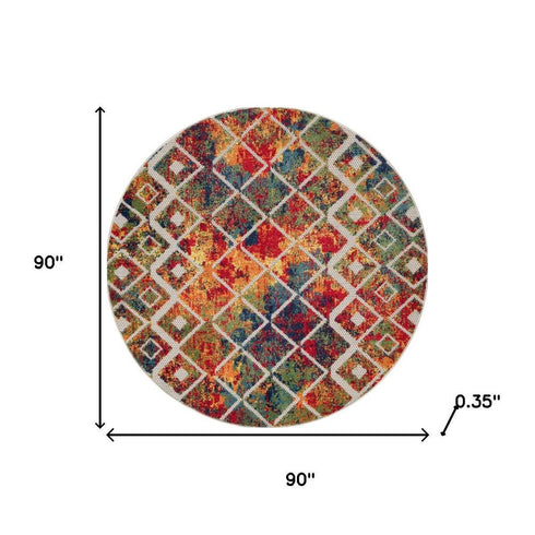 8' Red Blue And Orange Diamond Round Rug