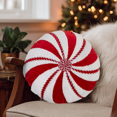 16" Red And White Cotton Velvet Round Christmas Striped Throw Pillow