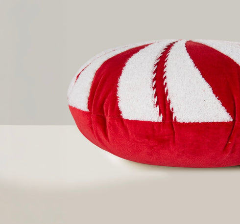 16" Red And White Cotton Velvet Round Christmas Striped Throw Pillow