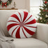 16" Red And White Cotton Velvet Round Christmas Striped Throw Pillow