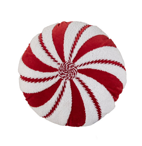16" Red And White Cotton Velvet Round Christmas Striped Throw Pillow