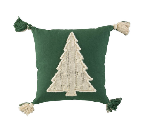 18" Green And Ivory Cotton Christmas Tree Throw Pillow with Tassels