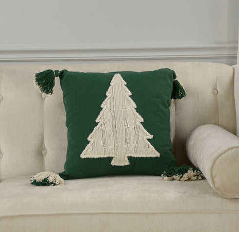 18" Green And Ivory Cotton Christmas Tree Throw Pillow with Tassels