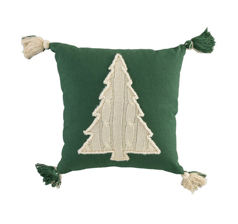 18" Green And Ivory Cotton Christmas Tree Throw Pillow with Tassels