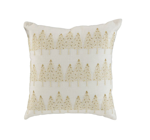 18" Ivory And Gold Cotton Christmas Trees Throw Pillow With Embroidery
